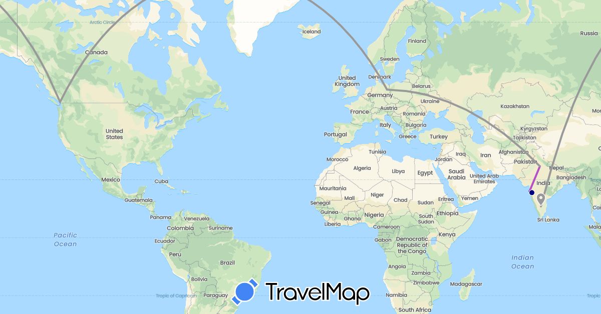 TravelMap itinerary: driving, plane, train in Canada, Germany, India (Asia, Europe, North America)